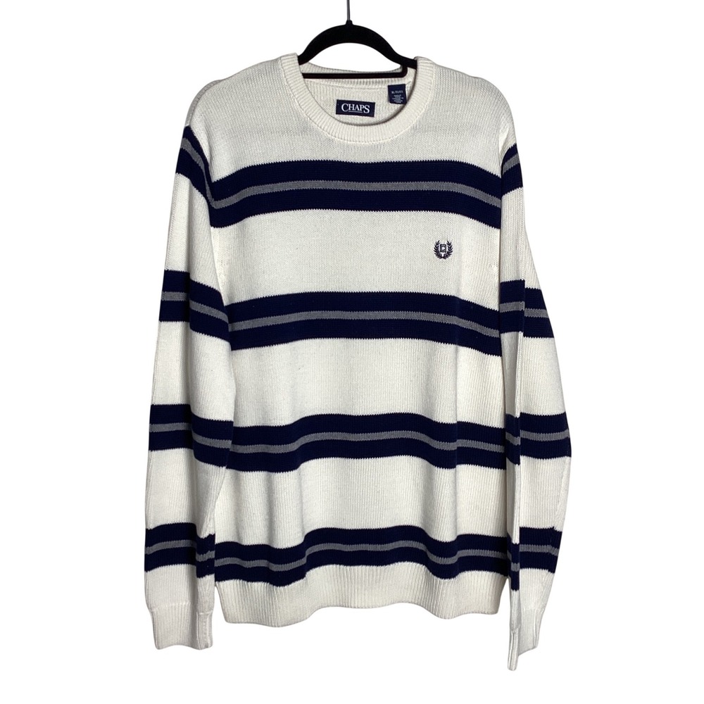 Chaps Striped Crewneck Sweater Mens XL White Navy Cotton Preppy Nautical Classic